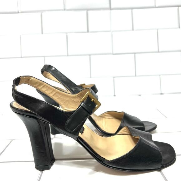 Donna Karan New York Black Leather Open Toe Ankle Strap Sling Back Heels Size 7 - Picture 9 of 11